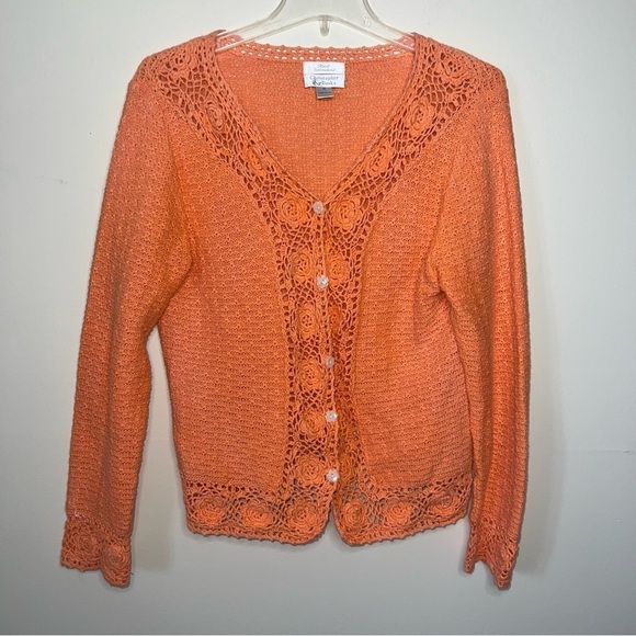 Christopher & Banks Orange Knit Button Front Cardigan with Flower Buttons Medium - Picture 7 of 9